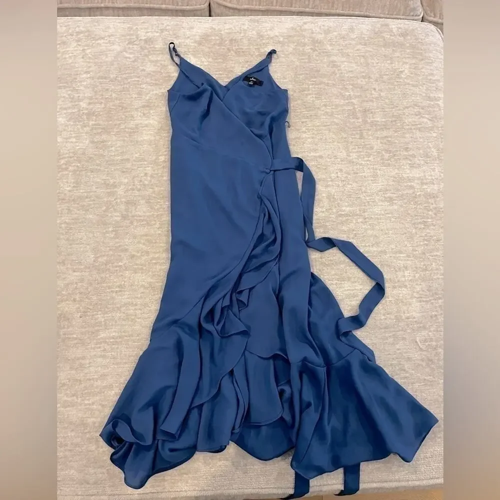 Lulus Manhattan Moment Blue Ruffled Midi Wrap Dress XS - Picture 3 of 5